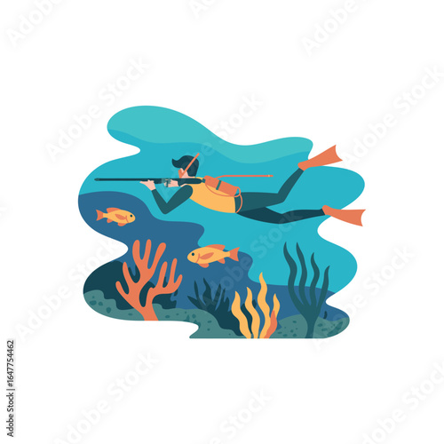 Man spearfishing underwater with fish and coral reef diving scuba