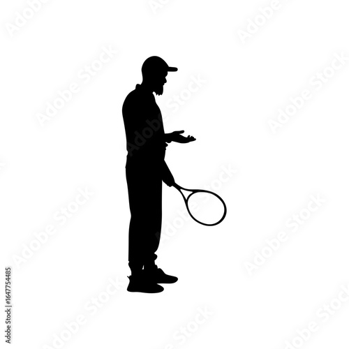 A bold silhouette of a man in athletic attire, holding a tennis racket and gesturing with his hands, creates a dynamic coaching moment.