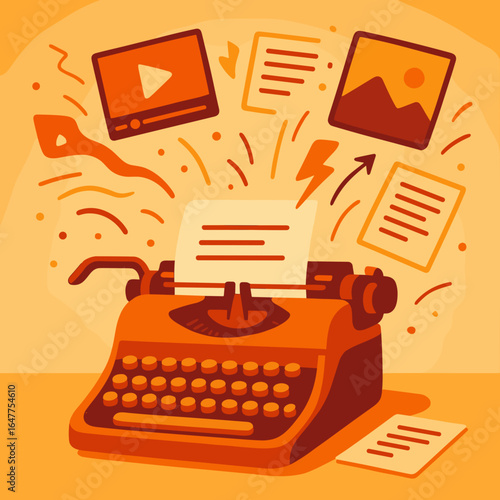 Vintage typewriter surrounded by creative content, writing, artistic expression concept