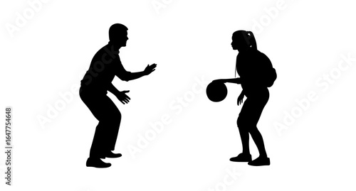 A dynamic silhouette of a male coach and female player engaged in a basketball drill.