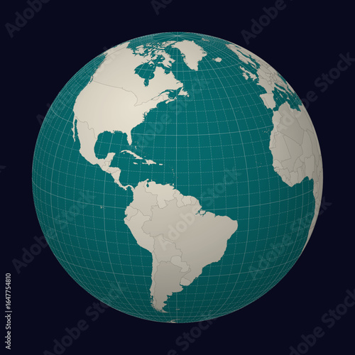 Barbados on the map. Globe centered to Barbados. Country location on the world map. Teal Pale Mint color palette. Globe with countries, meridians and parallels. Artistic vector illustration.