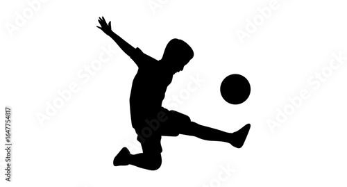 A bold silhouette of a child mid-soccer kick, conveying energy and athleticism against a plain white background.