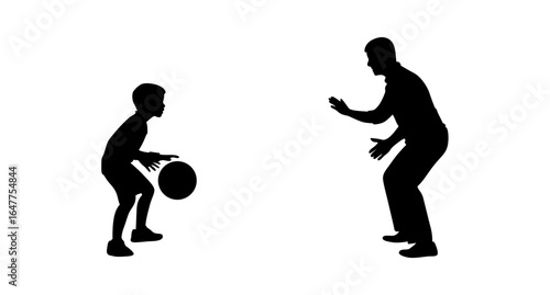 A silhouette of a father and son playing basketball, conveying a moment of shared enjoyment and guidance.