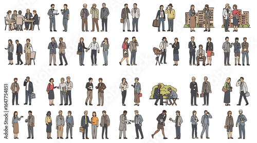 Assortment of people in business and casual settings with luggage conversation walking.