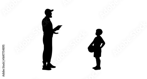 A silhouette of a mature coach, likely discussing strategy, with a young basketball player, both standing on a white background.