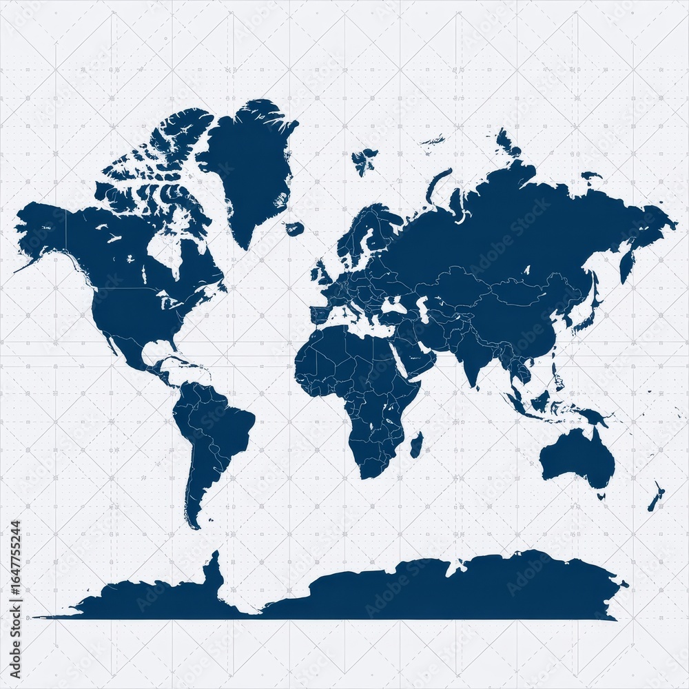 Fototapeta premium Dark blue continents on a light grid world map white