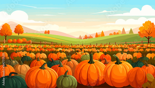 Vibrant autumn pumpkin patch stretching across rolling hills under a sunny fall sky, a charming seasonal illustration.