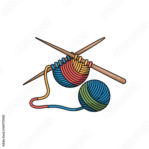 Knitting needles with colorful yarn balls and stitches on white background craft hobby