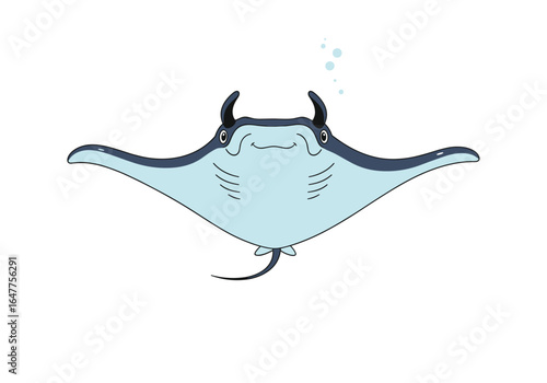 A serene manta ray glides through ocean waters with gentle grace and bubbles rising above