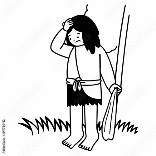 Illustration of a sad caveman with hand on head isolated on white background