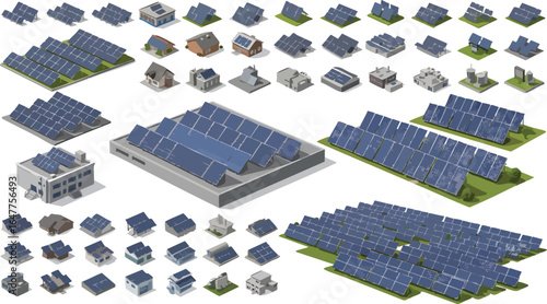 Isometric collection of solar panels and residential buildings solar energy renewable energy.