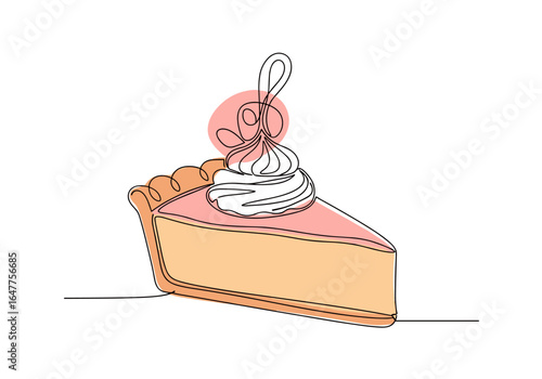 A delicious slice of creamy pumpkin pie topped with fluffy whipped cream served on a plate isolated on a white background