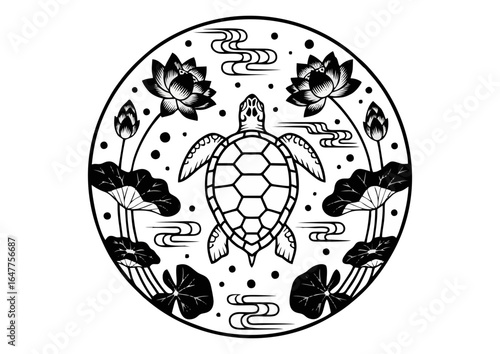 Turtle gracefully gliding above a serene lotus pond in a decorative style