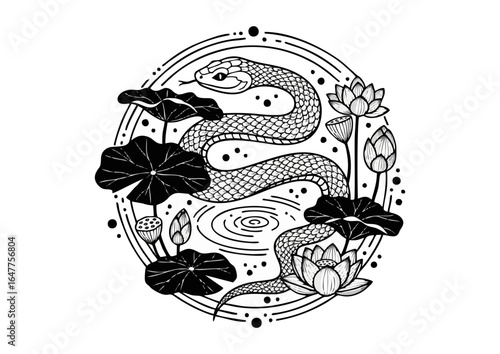 Elegant snake gliding smoothly through a tranquil lotus pond surrounded by flowers