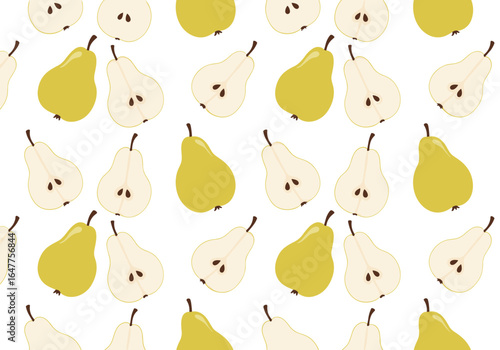 A delightful pattern of freshly picked pears featuring whole and sliced fruit designs