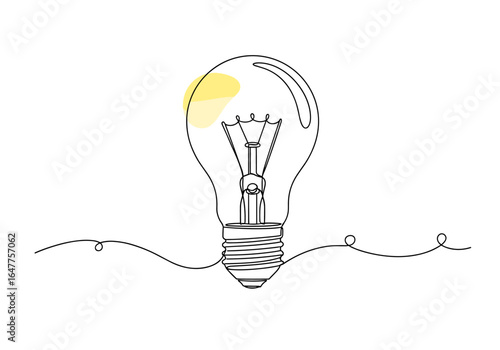 A simple yet elegant single line drawing of a classic incandescent light bulb illuminating a bright idea concept with a touch of yellow highlighting the spark of inspiration