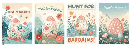 Colorful Easter-themed illustrations featuring decorated eggs and flowers, perfect for seasonal promotions.