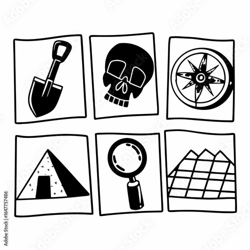 Archaeology doodle icons set isolated on white background featuring excavation tools and ancient artifacts