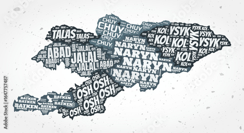 Kyrgyzstan regions word clouds. Country shape on textured background. Kyrgyzstan design in typographic style. Elegant vector illustration.