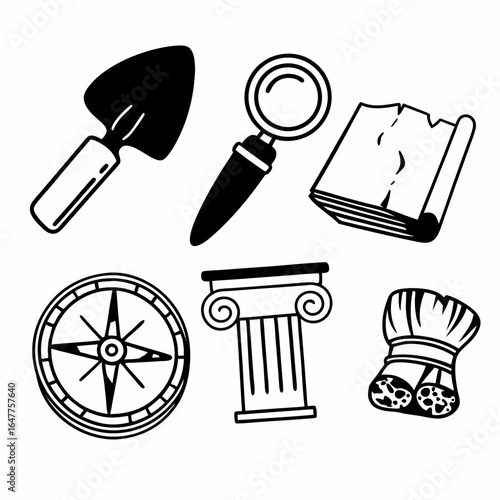 Archaeology icon set with ancient artifacts and exploration tools isolated on white background