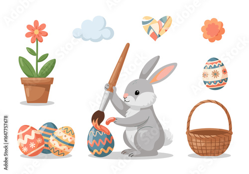 Cute easter bunny painting colorful decorative eggs with a brush flower pot clouds and basket illustration