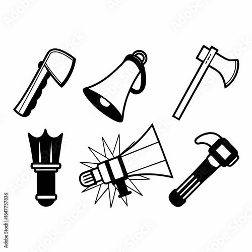 Illustration of axe, megaphone, torch, and hammer isolated on white background