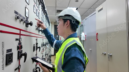 Power station control room engineer working with electrical panel and monitoring system wearing safety helmet and reflective vest ensuring safety and precision in industrial environment