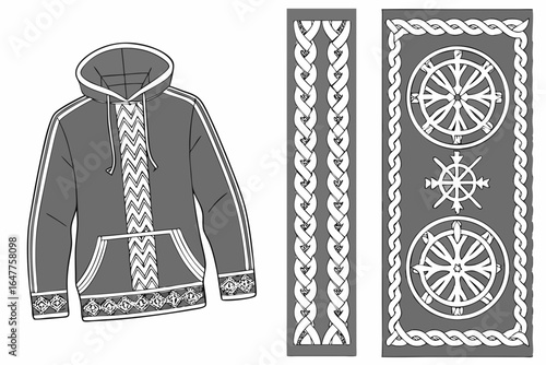 Fashion design of a grey hoodie with decorative braided trim and geometric patterns