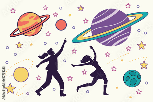 Children reaching for colorful planets and stars in outer space