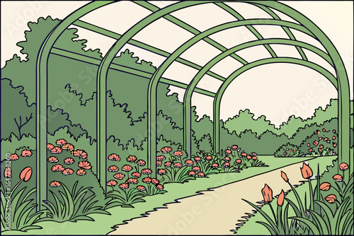 A picturesque garden path lined with blooming flowers under a green arbor