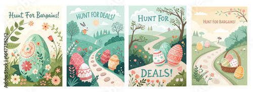 Colorful Easter-themed illustrations urging a hunt for deals and bargains in a charming landscape.