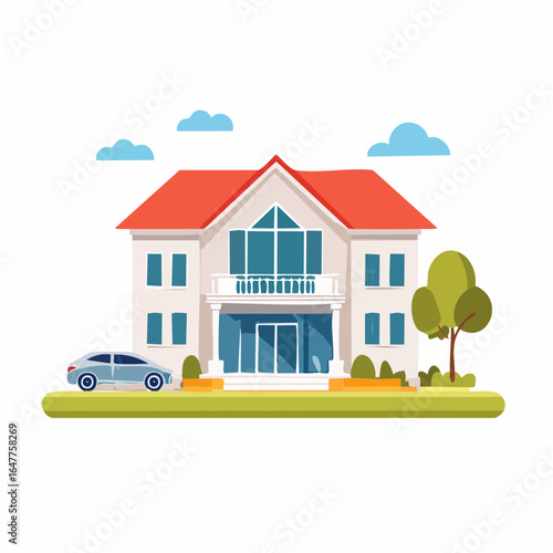 Elegant suburban villa with a modern car parked on a green lawn, flat vector illustration of a family house exterior and real estate concept