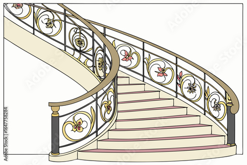 Elegant curved staircase with ornate gold railing and floral accents