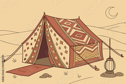 Bedouin tent with traditional patterns in the desert at night