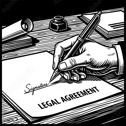 Hand Signing Legal Agreement with Fountain Pen. Vintage style illustration of contract, deal, document, and official signature.