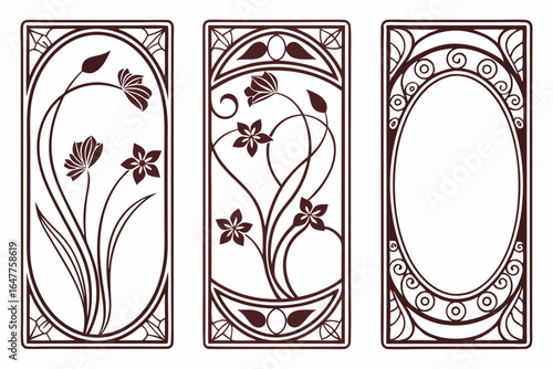 Art nouveau floral decorative panels with oval frames