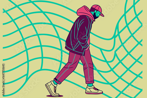 Stylish man wearing a hoodie and cap walking with a cool attitude