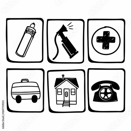 Hand drawn medical and emergency icons isolated on white background for web and print use
