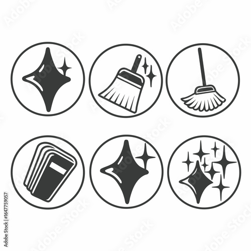 Illustration of sparkle, broom, mop, and sponge icons for cleaning isolated on white background
