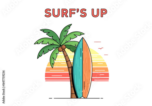 Surfs up with a surfboard leaning against a palm tree at sunset, isolated on white background
