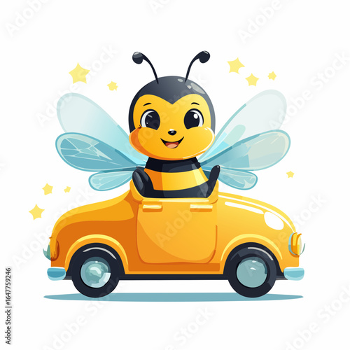 Adorable cartoon bee character driving a vibrant yellow toy car. A cheerful honeybee illustration for children on an isolated white background.