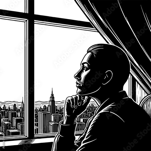 Thoughtful person gazing at urban cityscape from high-rise window. Dramatic black and white illustration, pensive silhouette.