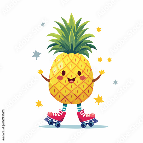 Cute pineapple cartoon character on roller skates, smiling and happy, fun and playful design concept