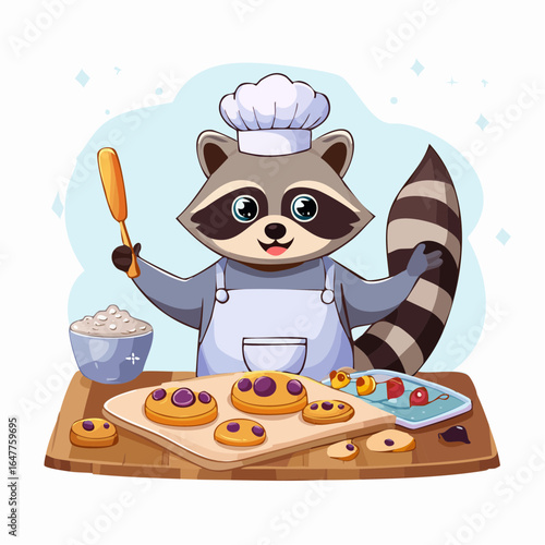 Adorable cartoon raccoon baker in a chef hat and apron making delicious homemade cookies. Whimsical animal character vector art.