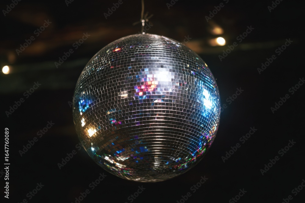 Obraz premium Classic silver disco ball hanging in a vibrant night club setting creating an enchanting atmosphere for dancing and celebrations