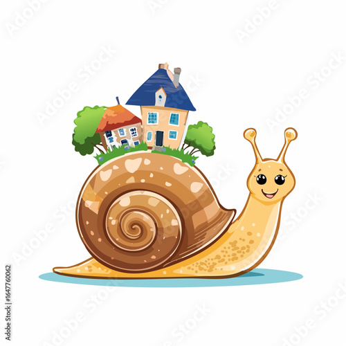 Charming snail character with a miniature village on its back, a delightful concept of home, travel, and relocation.