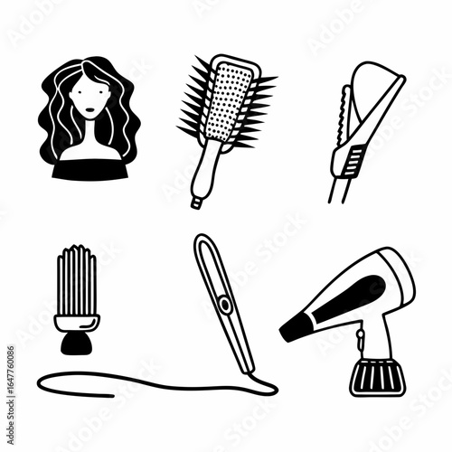 Hairdressing tools isolated on white background, including woman, hairbrush, straightener, curler and dryer