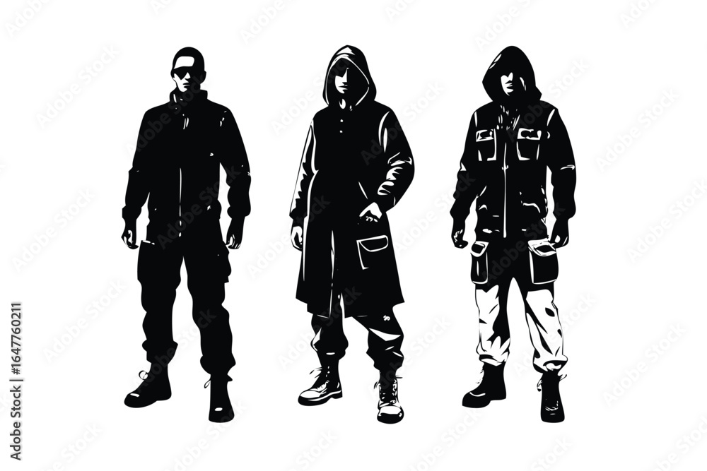 Fototapeta premium Futuristic Techwear Fashion Vector Set - Engraved Cyberpunk Style Illustrations