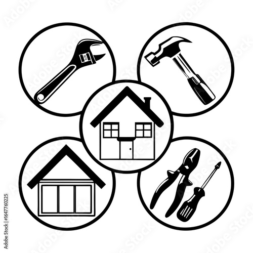 Illustration of house surrounded by construction tools isolated on white background