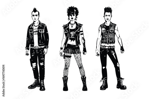 Punk Fashion Vector Set - Engraved Subculture Style Illustrations